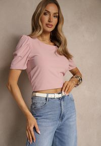 Renee - Różowy T-shirt z Prążkowanej Tkaniny z Zakładkami przy Rękawach Kolaniella. Kolor: różowy. Materiał: tkanina, prążkowany. Styl: elegancki #4