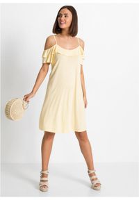 Sukienka cold-shoulder z dżerseju z falbanami bonprix kremowy żółty. Kolor: żółty. Materiał: jersey. Długość rękawa: krótki rękaw. Sezon: lato #3