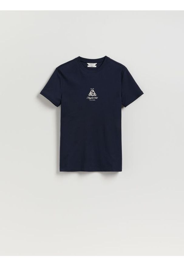 Reserved - Bawełniany t-shirt slim fit - granatowy. Kolor: niebieski. Materiał: bawełna
