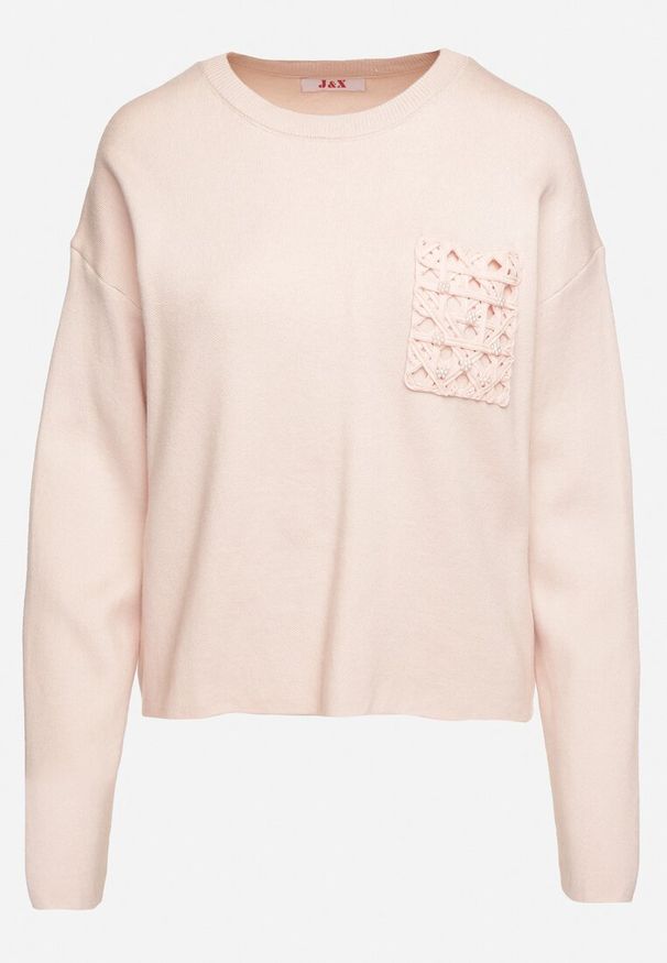 Born2be - Jasnoróżowy Sweter o Pudełkowym Kroju z Ozdobną Kieszonką Seaviraen. Okazja: na co dzień, do pracy. Kolor: różowy. Materiał: jeans. Długość rękawa: długi rękaw. Długość: długie. Styl: casual, elegancki