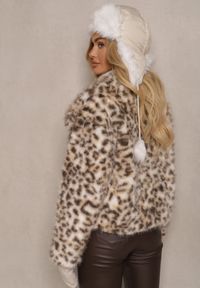 Renee - Beżowa Kurtka Futerko w Panterkowy Print z Szerokim Kołnierzem Nalorienne. Okazja: na spacer. Kolor: beżowy. Materiał: futro. Wzór: nadruk. Styl: elegancki #3
