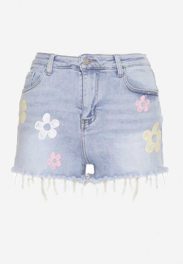 Born2be - Niebieskie Szorty Jeansowe z Wysokim Stanem i Aplikacjami w Kształcie Kwiatów Vikiorian. Stan: podwyższony. Kolor: niebieski. Materiał: jeans. Wzór: aplikacja, kwiaty. Sezon: lato