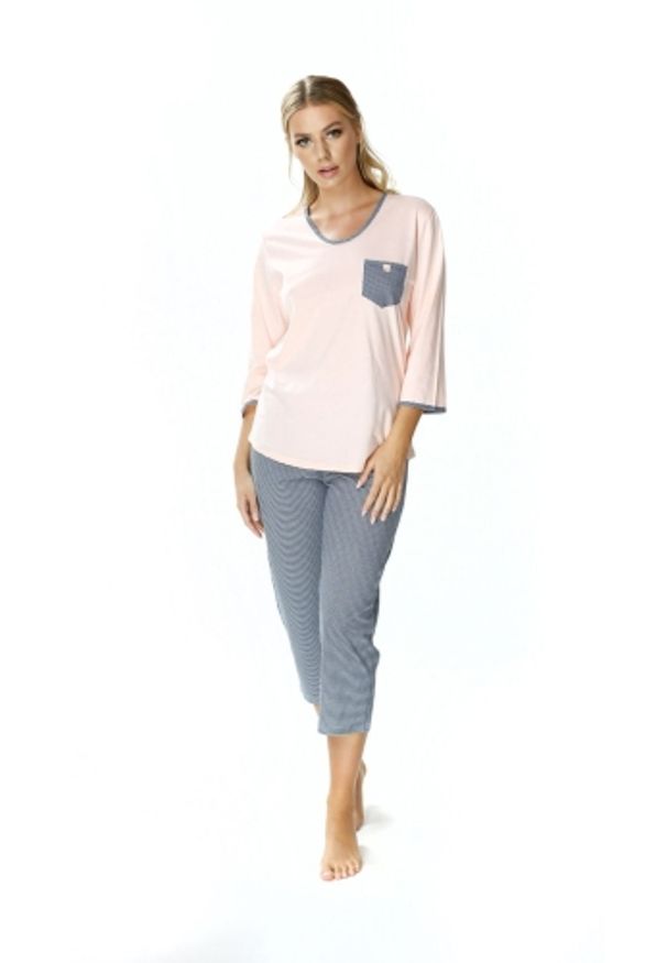 MEWA Lingerie - Bawełniana łososiowy piżama damska Fibi. Kolekcja: plus size. Kolor: różowy. Materiał: bawełna. Wzór: aplikacja, kolorowy