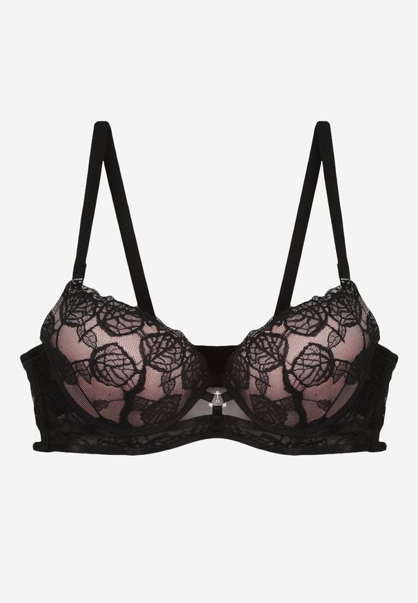 Born2be - Czarno-Beżowy Klasyczny Biustonosz Zdobiony Koronką i Aplikacją Metheis. Kolor: czarny. Materiał: koronka. Wzór: koronka, aplikacja