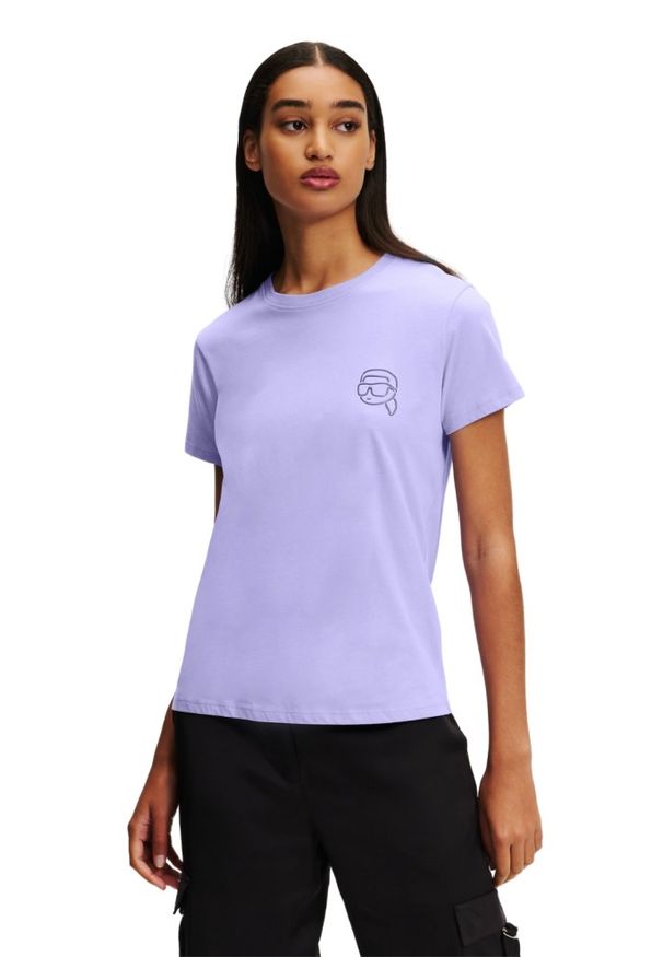 Karl Lagerfeld - KARL LAGERFELD Lawendowy damski t-shirt Ikonik 2.0 Jelly, Rozmiar XS. Kolor: fioletowy. Materiał: bawełna. Długość rękawa: krótki rękaw. Długość: krótkie. Styl: klasyczny