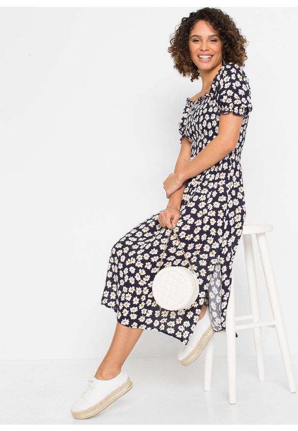 bonprix - Sukienka midi z czystej wiskozy. Kolor: niebieski. Materiał: wiskoza. Wzór: nadruk. Długość: midi
