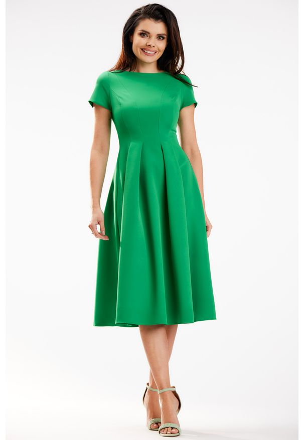 Awama - Wizytowa Sukienka Midi z Krótkim Rękawem - Zielona. Kolor: zielony. Materiał: poliester, elastan. Długość rękawa: krótki rękaw. Styl: wizytowy. Długość: midi