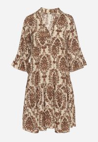 Born2be - Brązowo-Beżowa Bawełniana Rozkloszowana Sukienka z Falbankami Miloa. Typ kołnierza: kołnierz z falbankami. Kolor: brązowy. Materiał: bawełna. Typ sukienki: rozkloszowane #6