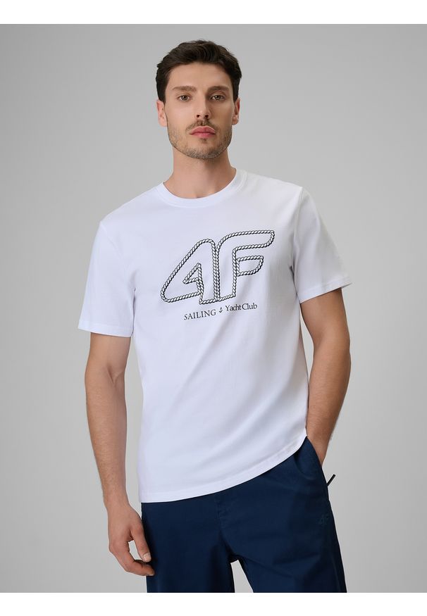 4f - 4F T-shirt regular z nadrukiem męski - biały XL. Okazja: na co dzień. Kolor: biały. Materiał: bawełna, dzianina. Wzór: nadruk. Styl: sportowy, klasyczny, casual