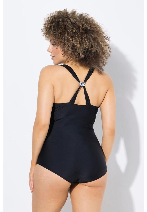 ULLA POPKEN - Damski Strój kąpielowy dekolt typu halter miękkie miseczki kokarda. Kolekcja: plus size. Kolor: czarny. Materiał: elastan, poliamid, materiał
