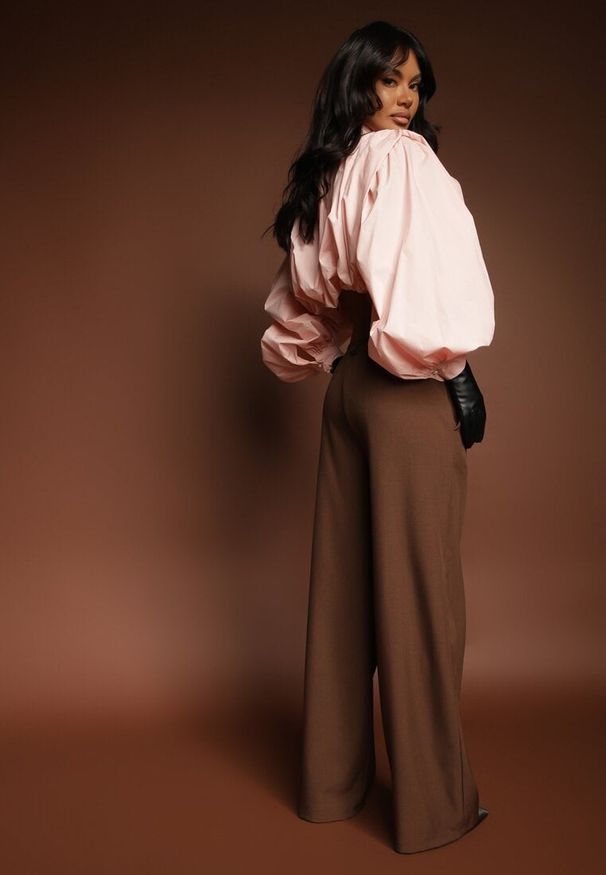 Renee - Ciemnobrązowe Szerokie Spodnie High Waist z Gumką w Pasie Eternel. Okazja: na spotkanie biznesowe. Stan: podwyższony. Kolor: brązowy. Materiał: koronka. Styl: biznesowy