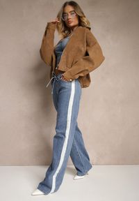 Renee - Niebieskie Szerokie Jeansy z Gumką w Talii Zdobione Lampasami Nusiela. Okazja: na co dzień. Kolor: niebieski. Wzór: aplikacja. Styl: casual, elegancki #3