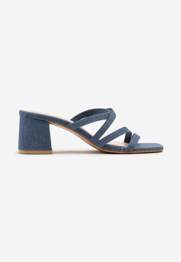 Renee - Niebieskie Klapki na Obcasie z Noskiem w Kwadrat Ondrina. Nosek buta: czworokąt. Kolor: niebieski. Materiał: jeans. Sezon: lato, wiosna. Obcas: na obcasie. Styl: wizytowy, elegancki. Wysokość obcasa: średni