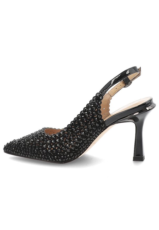 Alma En Pena - Czółenka damskie Alma en Pena, na szpilce z noskiem w szpic z cyrkoniami i zapinane sprzączką, czarne, I250408. Okazja: na imprezę. Zapięcie: sprzączka. Kolor: czarny. Obcas: na szpilce. Wysokość obcasa: średni