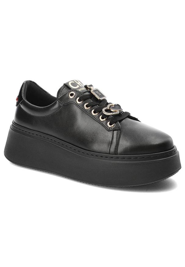 CheBello - Czarne Sneakersy Chebello Damskie Stylowe Obuwie. Kolor: czarny. Materiał: skóra. Szerokość cholewki: normalna. Obcas: na obcasie. Wysokość obcasa: średni