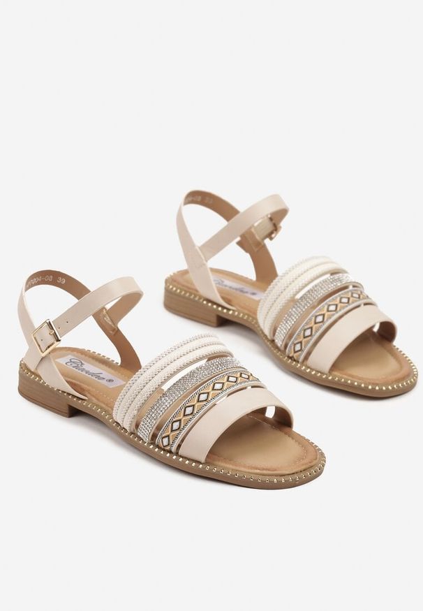 Born2be - Beżowe Sandały z Ozdobnymi Paskami i Cyrkoniami Dovasse. Okazja: na co dzień. Zapięcie: pasek. Kolor: beżowy. Materiał: jeans. Styl: elegancki, casual