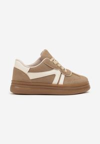 Renee - Beżowe Sneakersy Tenisówki Ozdobione Geometrycznym Wzorem Shie. Okazja: na co dzień. Kolor: beżowy. Materiał: jeans. Wzór: aplikacja, geometria