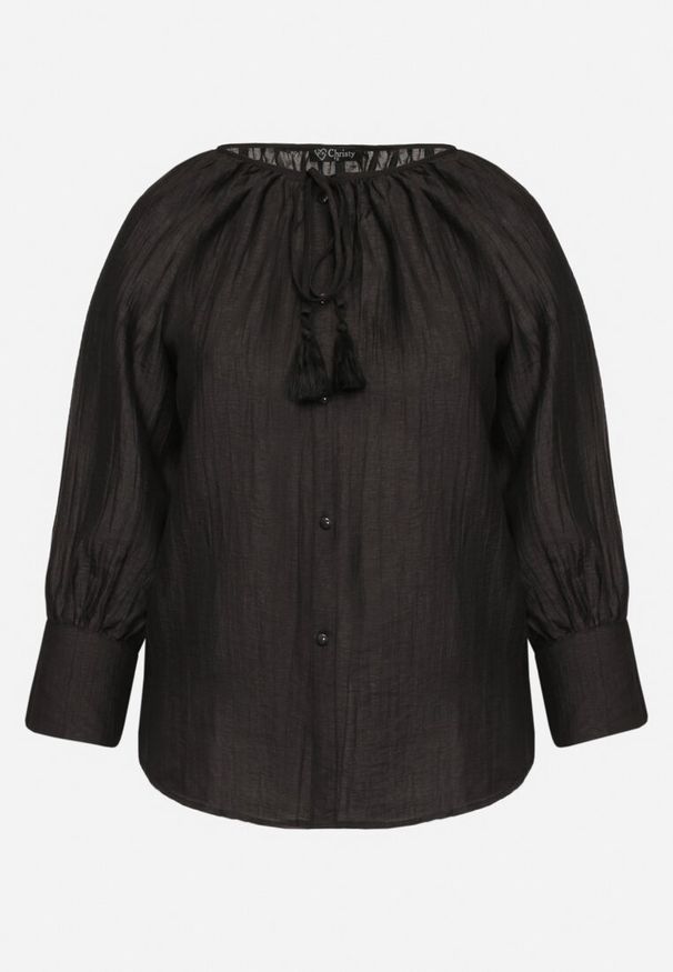 Born2be - Czarna Koszula Wiskozowa z Guzikami Ozdobnymi i Troczkami Aulina. Okazja: na spotkanie biznesowe, do pracy. Kolor: czarny. Materiał: wiskoza. Styl: biznesowy, elegancki