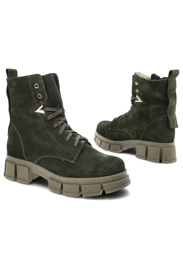 Zielone Trzewiki Pollonus Ocieplane Buty Damskie. Okazja: na spacer. Kolor: zielony. Materiał: welur, materiał, skóra. Szerokość cholewki: normalna. Sezon: zima. Styl: elegancki