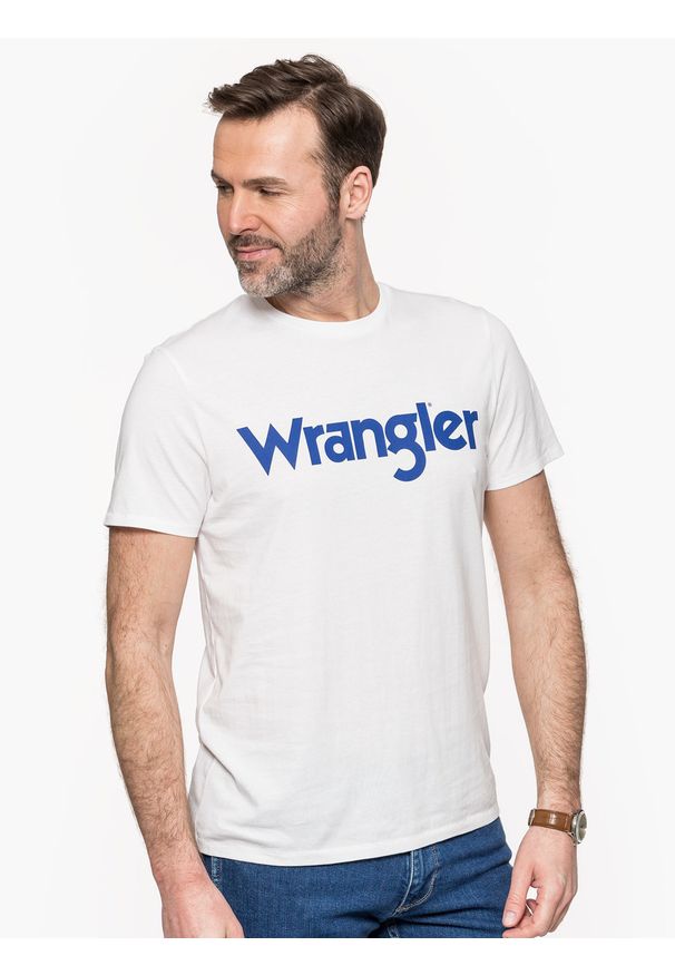 Wrangler - WRANGLER SS LOGO TEE MĘSKI T-SHIRT KOSZULKA NADRUK WHITE W7M0D3989. Wzór: nadruk