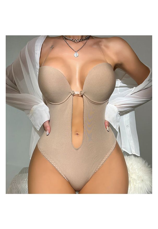 Intica - Body bezszwowe z dekoltem na wieczorne wyjścia Jeronima. Kolor: beżowy. Materiał: materiał