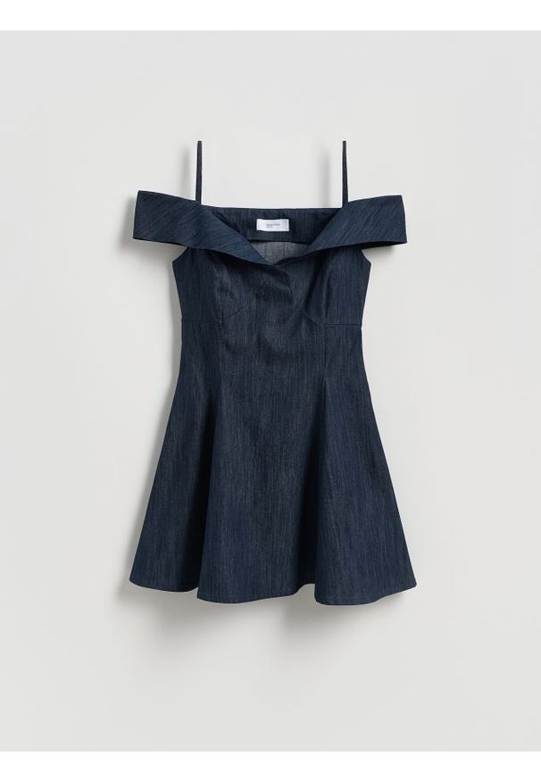 Reserved - Sukienka z odkrytymi ramionami - niebieski. Kolor: niebieski. Materiał: tkanina, bawełna. Typ sukienki: z odkrytymi ramionami