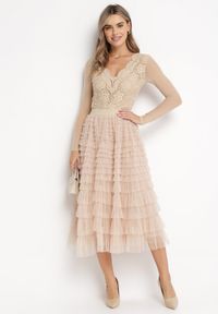 Born2be - Beżowa Rozkloszowana Spódnica Maxi z Falbankami z Tiulu Davena. Kolor: beżowy. Materiał: tiul. Wzór: aplikacja #2