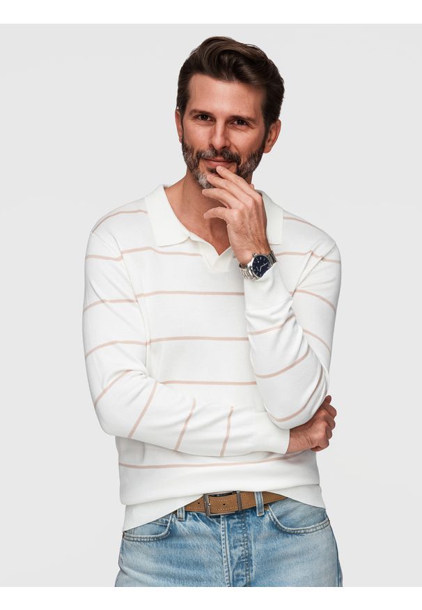 Ombre Clothing - Męski longsleeve polo w poziome paski z wiskozą – biało-beżowy V4 - Rozmiar: XXL. Okazja: do pracy, na co dzień. Typ kołnierza: polo. Kolor: biały. Materiał: wiskoza. Długość rękawa: długi rękaw. Długość: długie. Wzór: paski. Styl: elegancki, casual