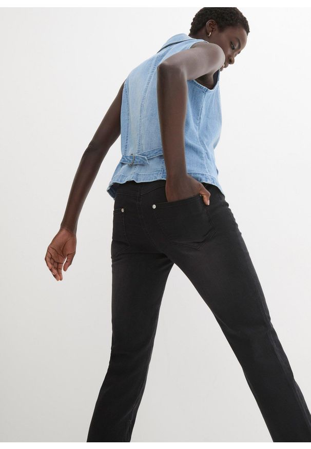 bonprix - Dżinsy straight, mid waist, super stretch, z wygodnym paskiem. Kolor: czarny