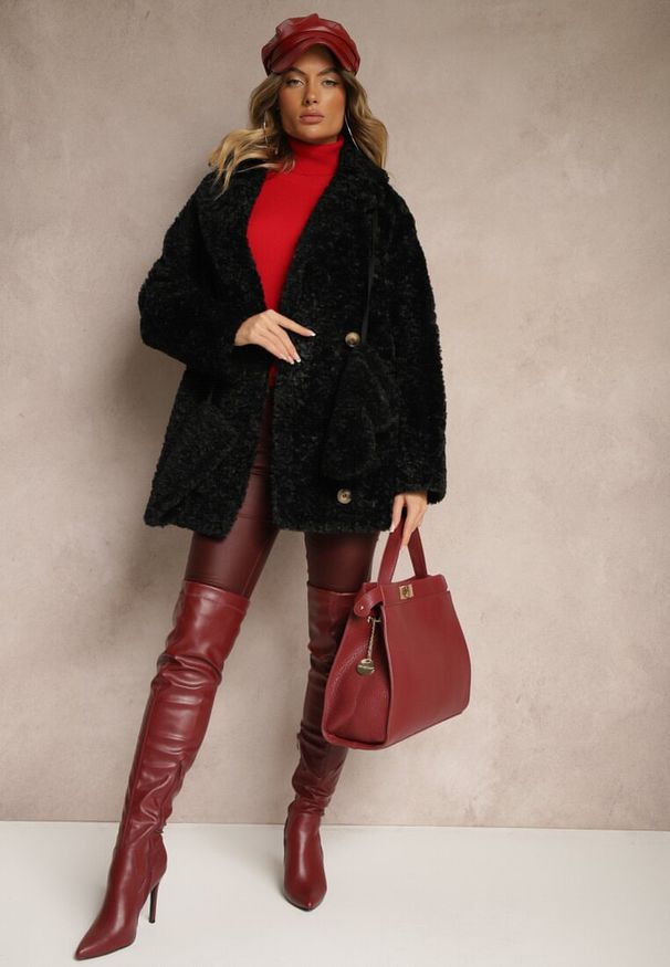 Renee - Czarna Dwurzędowa Kurtka Futerkowy Płaszcz z Dodatkowymi Rękawiczkami Hetirra. Okazja: na co dzień, na spacer. Kolor: czarny. Materiał: jeans. Styl: elegancki, casual