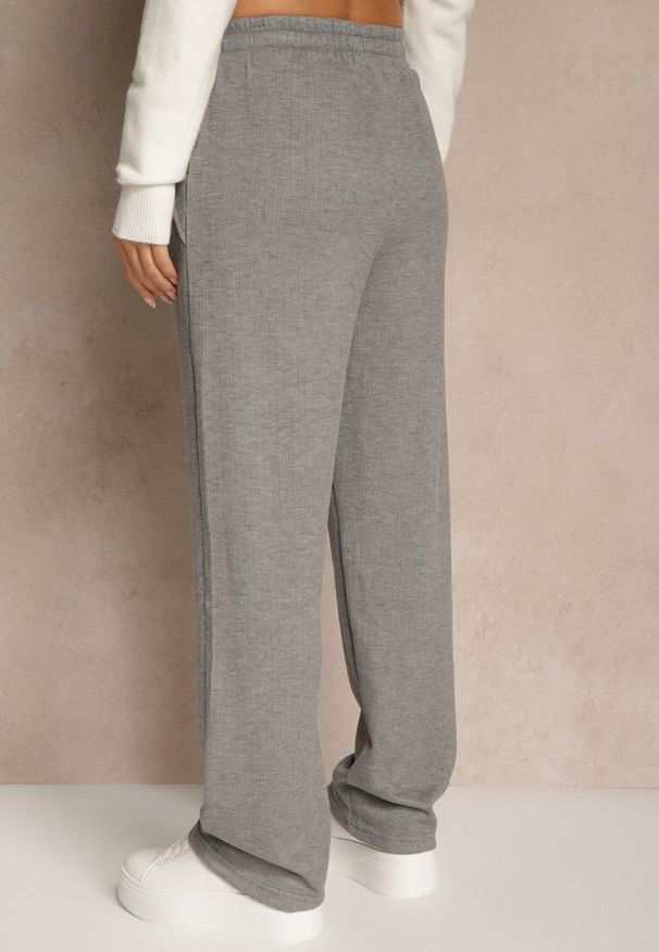 Renee - Jasnoszare Spodnie High Waist z Gumką i Troczkami w Pasie Rallena. Okazja: na co dzień. Stan: podwyższony. Kolor: szary. Styl: casual
