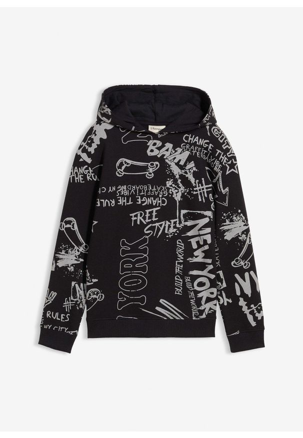 bonprix - Bluza z kapturem z miękkiej mieszanki bawełny. Typ kołnierza: kaptur. Kolor: czarny. Materiał: bawełna. Wzór: nadruk