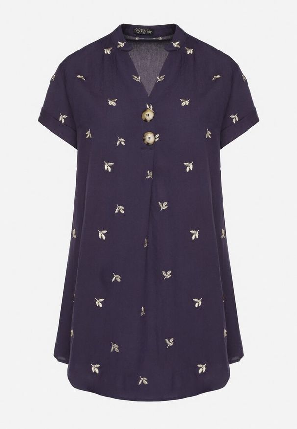 Born2be - Granatowa Bawełniana Tunika z Ozdobnymi Guzikami i Naszywkami Sovozi. Okazja: do pracy. Typ kołnierza: dekolt w kształcie V. Kolor: niebieski. Materiał: bawełna. Wzór: aplikacja. Styl: klasyczny