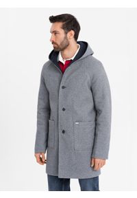 Ombre Clothing - Melanżowy męski długi płaszcz z kapturem – szary V1 - Rozmiar: XXL. Typ kołnierza: kaptur. Kolor: niebieski. Materiał: tkanina, wełna, poliester, materiał, syntetyk, włókno, nylon. Długość: długie. Wzór: melanż. Sezon: zima. Styl: elegancki #4