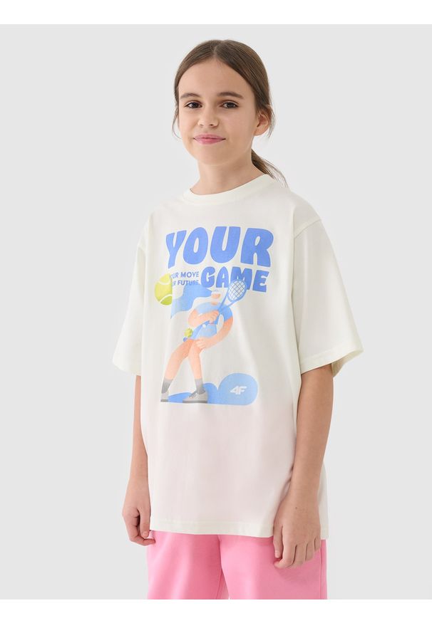 4f - 4F T-shirt oversize z nadrukiem dziewczęcy - biały 140 (9-10 lat). Okazja: na co dzień. Kolor: biały. Materiał: dzianina, bawełna, jersey. Długość rękawa: krótki rękaw. Długość: krótkie. Wzór: nadruk. Sezon: lato. Styl: klasyczny, sportowy, casual