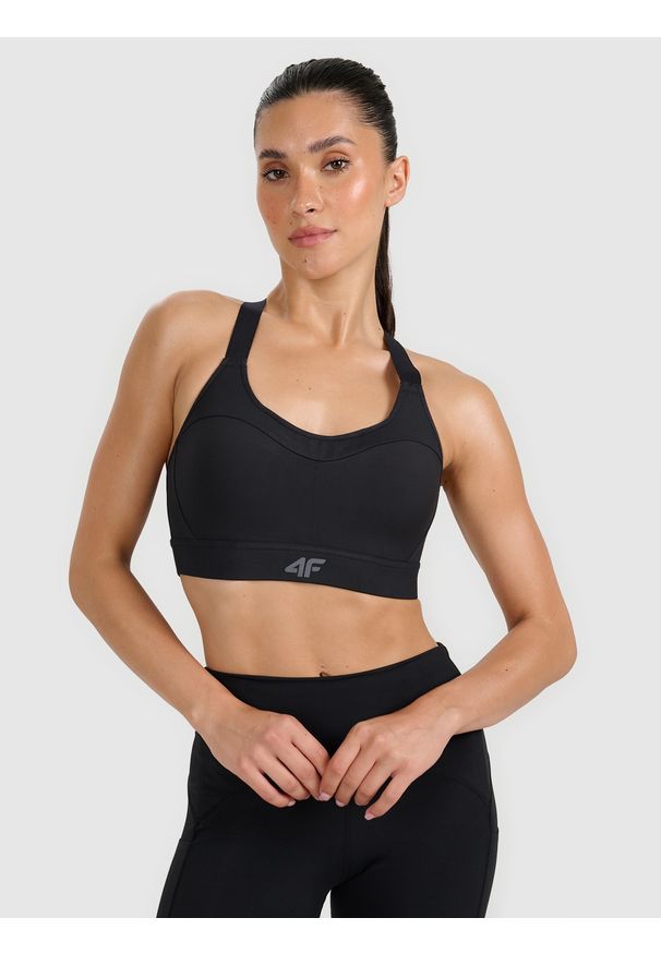4f - 4F Biustonosz treningowy z wysokim wsparciem - czarny L. Kolor: czarny. Materiał: elastan, włókno, syntetyk, materiał, guma. Wzór: gładki, ze splotem. Sport: fitness, bieganie