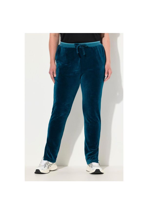 ULLA POPKEN - Damskie Aksamitne spodnie dresowe błyszcząca lamówka elastyczny pas kieszenie. Kolekcja: plus size. Kolor: zielony, niebieski, wielokolorowy. Materiał: materiał, poliester, elastan. Długość: długie