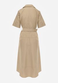 Renee - Beżowa Pudełkowa Sukienka z Bawełny Ozdobiona Przeszyciami i Paskiem Anthionis. Okazja: na co dzień. Kolor: beżowy. Materiał: bawełna. Wzór: aplikacja. Typ sukienki: proste. Styl: elegancki, casual #7