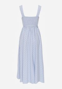 Renee - Niebieska Retro Sukienka z Bawełny i Wiskozy w Kropki o Rozkloszowanym Kroju Phrithoe. Okazja: na randkę. Kolor: niebieski. Materiał: wiskoza, bawełna. Wzór: kropki. Typ sukienki: rozkloszowane. Styl: retro #6