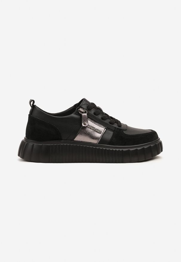 Renee - Czarne Sneakersy ze Skóry Naturalnej z Metalicznym Zdobieniem Zorentee. Okazja: na co dzień, na spacer. Kolor: czarny. Materiał: skóra. Wzór: aplikacja. Sport: turystyka piesza