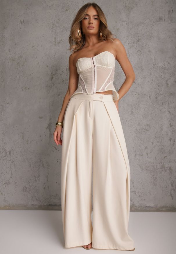 Renee - Beżowe Garniturowe Spodnie High Waist Wide Leg z Zakładkami w Pasie Philisia. Stan: podwyższony. Kolor: beżowy. Styl: elegancki