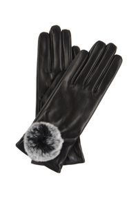 Ochnik - Skórzane rękawiczki damskie z pomponem. Kolor: czarny. Materiał: skóra