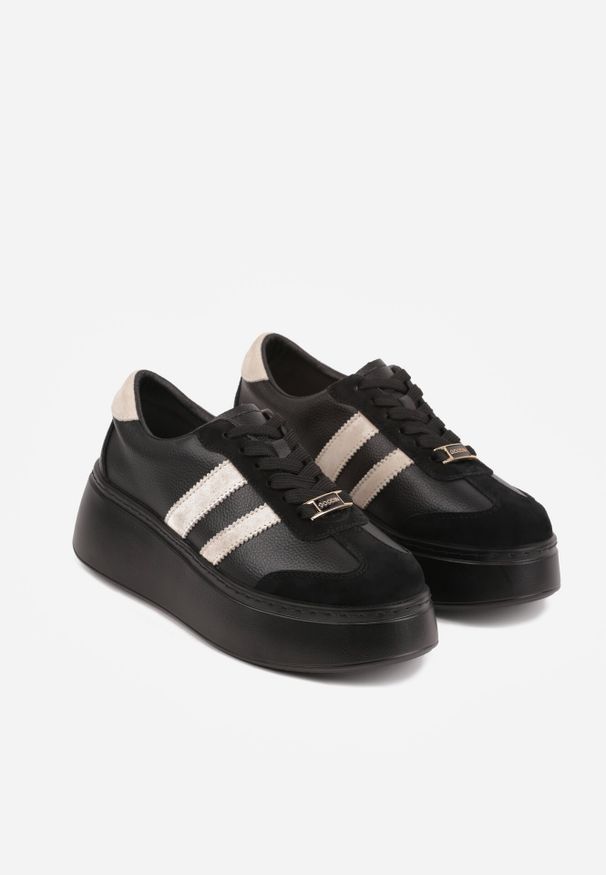 Born2be - Czarno-Beżowe Skórzane Sneakersy na Grubej Podeszwie z Geometrycznym Wzorem Rivimi. Okazja: na co dzień. Kolor: czarny. Materiał: skóra. Wzór: geometria