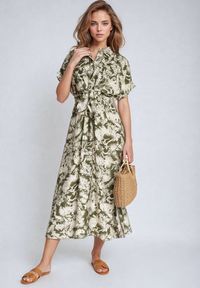 Born2be - Zielono-Beżowa Taliowana Sukienka z Gumką w Pasie Zapinana na Guziki Nasica. Okazja: na co dzień. Kolor: zielony. Materiał: materiał, wiskoza, jeans. Długość rękawa: krótki rękaw. Typ sukienki: proste. Styl: klasyczny, casual, elegancki #3