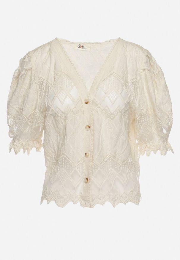 Born2be - Beżowa Subtelna Bluzka Ażurowa Zapinana na Guziki Vangaia. Kolor: beżowy. Długość rękawa: krótki rękaw. Długość: krótkie. Wzór: ażurowy. Sezon: lato