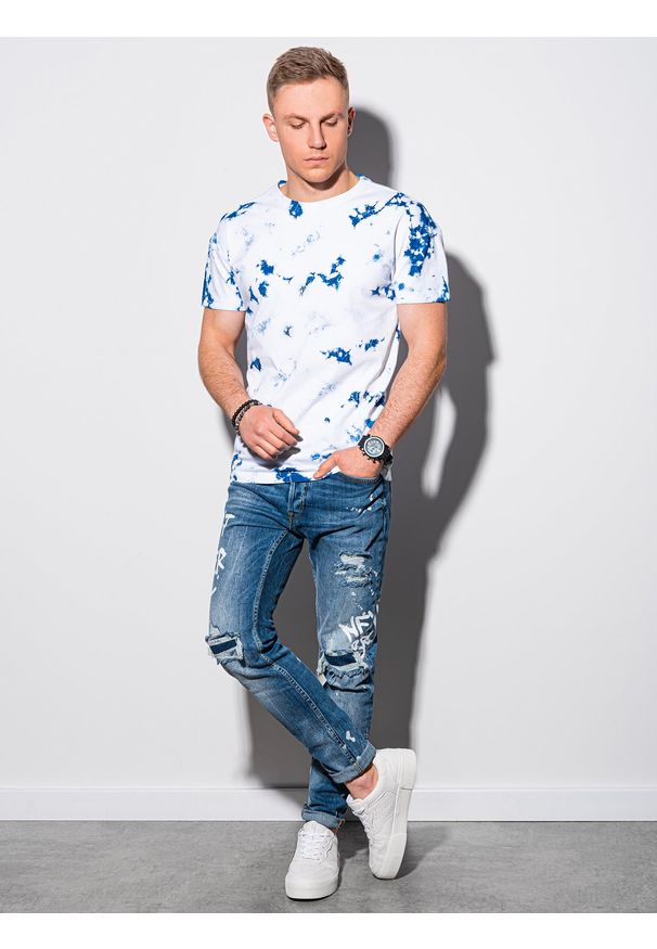 Ombre Clothing - T-shirt męski bawełniany S1373 - niebieski/biały - XXL. Kolor: niebieski. Materiał: bawełna. Długość: krótkie. Sezon: lato