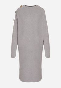 Born2be - Szara Sweterkowa Sukienka Pudełkowa Ozdobiona z Boku Guzikami Tustina. Okazja: na co dzień. Kolor: szary. Materiał: jeans. Wzór: aplikacja. Typ sukienki: proste. Styl: casual, elegancki #5