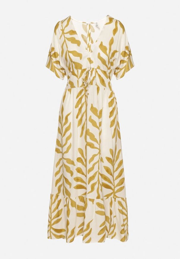 Born2be - Żółta Sukienka z Wiskozy Ozdobiona Liśćmi Erisola. Okazja: na co dzień. Typ kołnierza: dekolt w kształcie V. Kolor: żółty. Materiał: wiskoza. Wzór: aplikacja. Styl: casual, elegancki