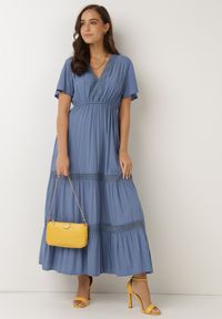 Born2be - Niebieska Sukienka Selphie. Kolor: niebieski. Materiał: koronka, tkanina. Długość rękawa: krótki rękaw. Wzór: koronka, aplikacja, ażurowy. Sezon: lato. Długość: midi #4