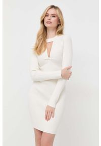 Guess sukienka kolor beżowy mini dopasowana. Kolor: beżowy. Materiał: materiał, dzianina, wiskoza. Długość rękawa: długi rękaw. Typ sukienki: dopasowane. Długość: mini